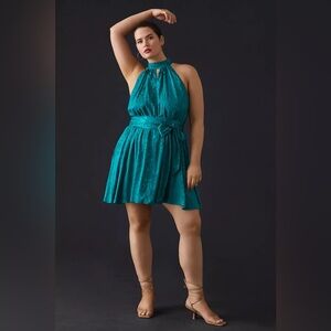 By Anthropologie Halter Neck Mini Dress in Elegant Teal